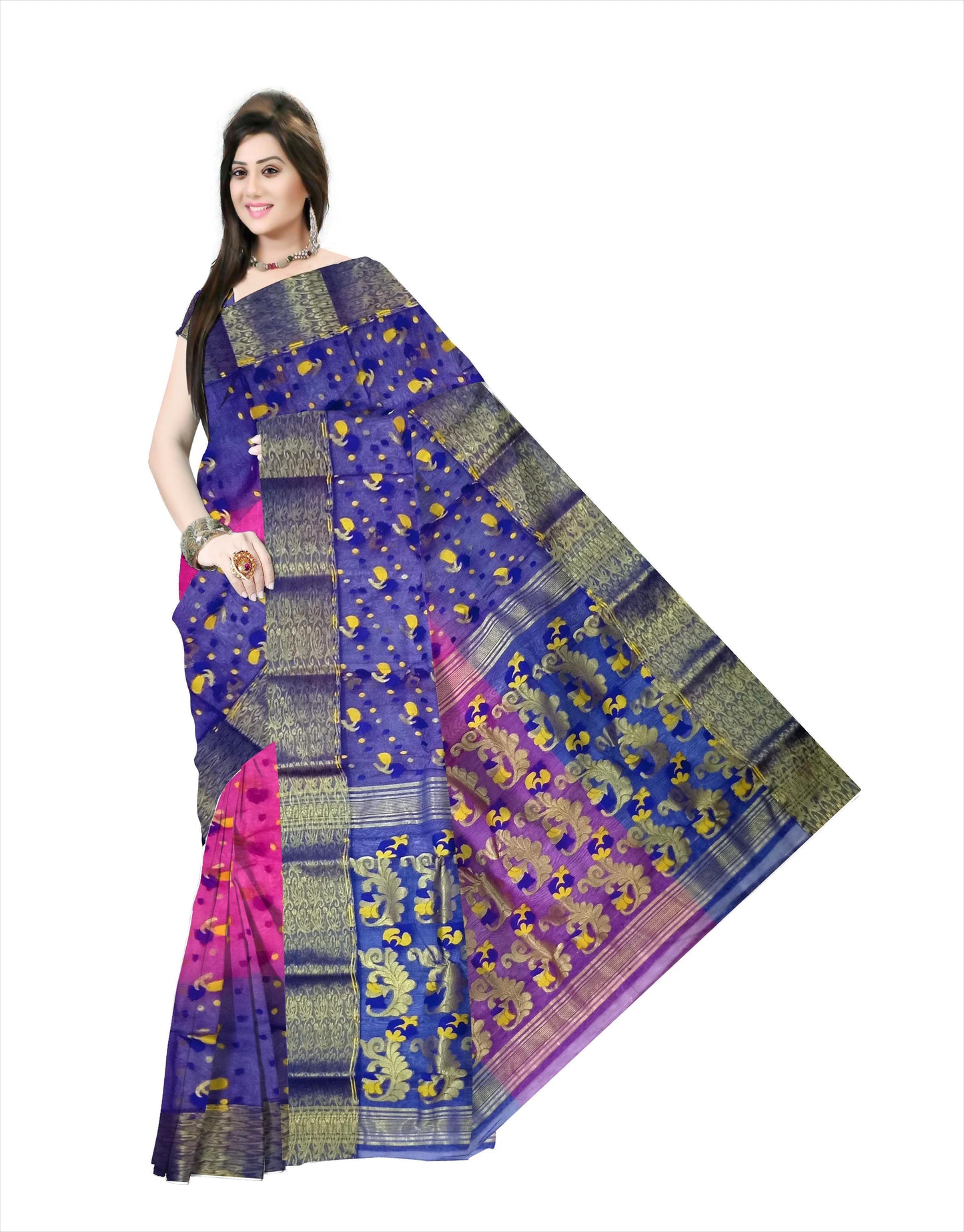 Pradip Fabrics Ethnic Women's Tant Silk Pink and Blue Color All Over Buti Work Saree