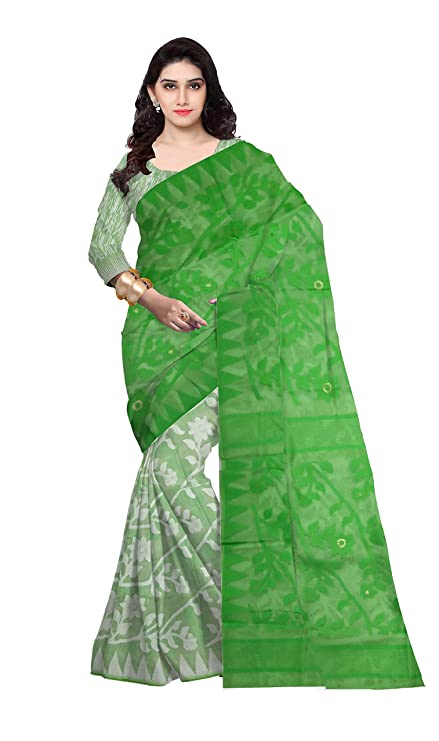 Pradip Fabrics Ethnic Women's Tant Cotton All Over Gap Dhakai Jamdani Green and White Color Saree