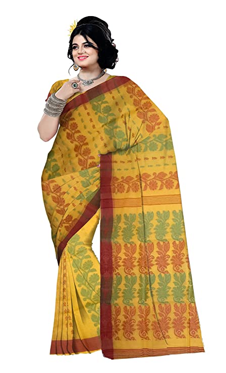 Pradip Fabrics Woven Tant Cotton All Over Dhakai Jamdani Yellow color Saree