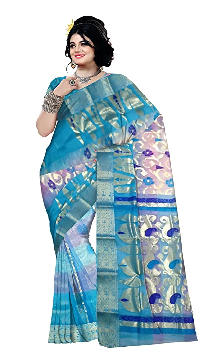 Pradip Fabrics Ethnic Women's Tant Silk Blue Color Saree