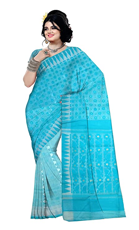 Pradip Fabrics Ethnic Women's Tant Cotton All Over Dhakai Jamdani Aqua Color Saree