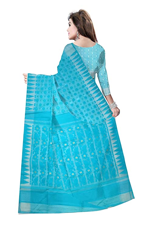 Pradip Fabrics Ethnic Women's Tant Cotton All Over Dhakai Jamdani Aqua Color Saree