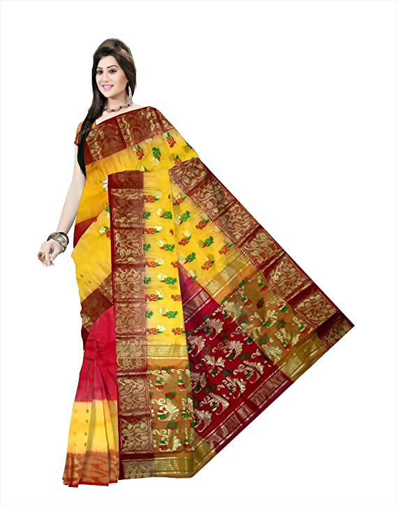 Pradip Fabrics Woven Tant Silk Yellow & Red Color Saree
