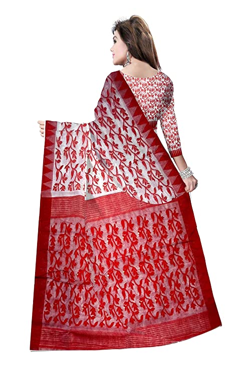 Pradip Fabrics Ethnic Women's Tant Cotton All Over Gap Dhakai Jamdani Red And White Color Saree