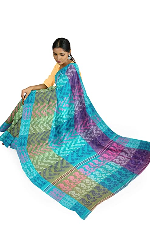Pradip Fabrics Woven Cotton jamdani Light Blue Saree