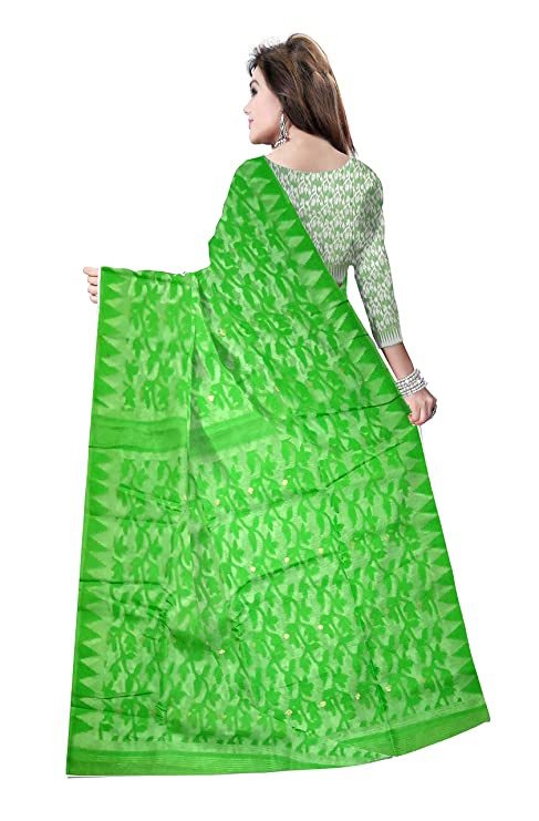 Pradip Fabrics Ethnic Women's Tant Cotton All Over Gap Dhakai Jamdani Green and White Color Saree