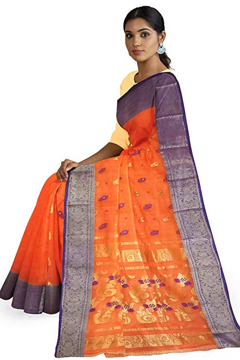 Pradip Fabrics Woven Tant Cotton Orange Saree