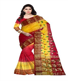 Pradip Fabrics Woven Tant Silk Yellow & Red Color Saree