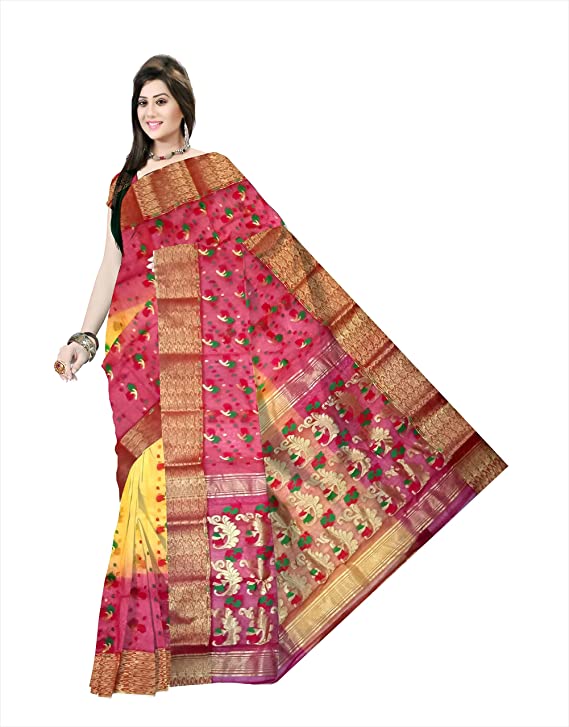 Pradip Fabrics Woven Tant Silk Yellow & Red Color Saree