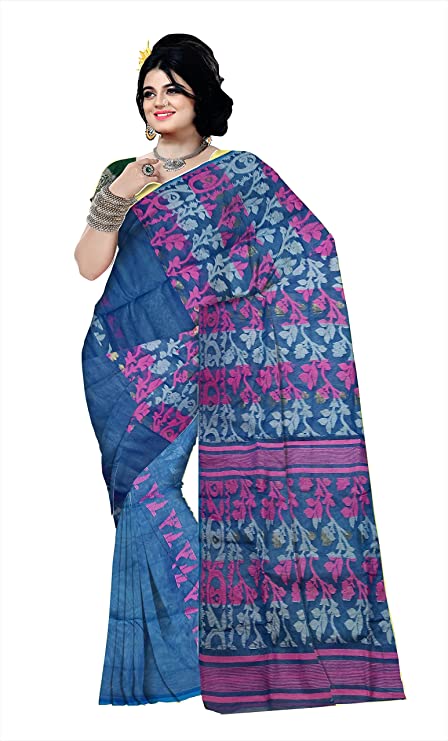 Pradip Fabrics Ethnic Women's Tant jamdani Blue Color Saree