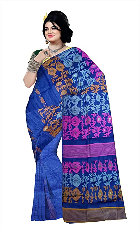 Pradip Fabrics Ethnic Women's Cotton Tant jamdani Dark Blue Color Saree