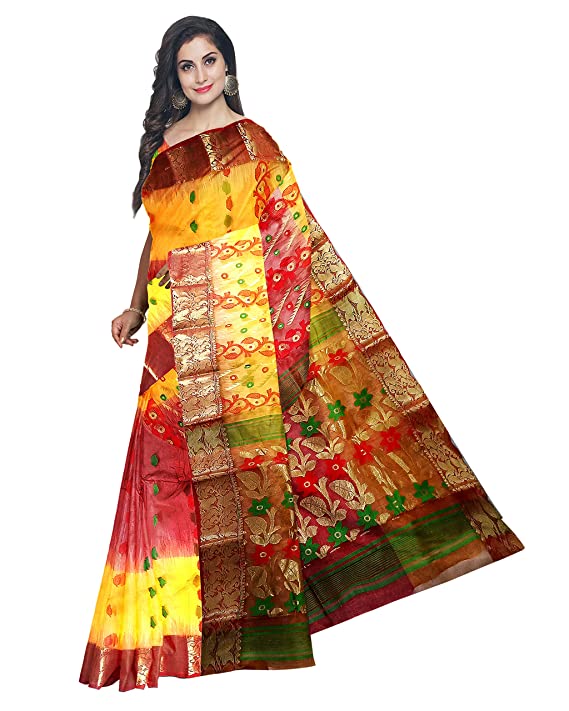 Pradip Fabrics Ethnic Women's Tant Silk Yellow and Red Color Baluchuri Saree