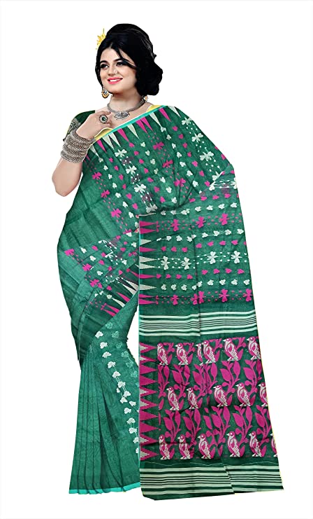 Pradip Fabrics Ethnic Women's Cotton Tant jamdani Green Color Saree