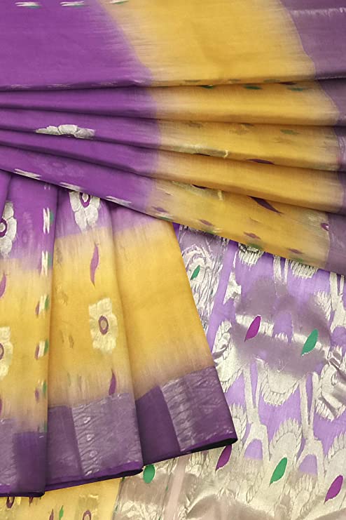 Pradip Fabrics Woven Tant Silk Yellow and Purple color Blend Saree