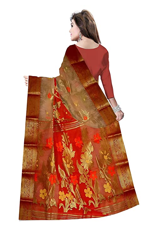 Pradip Fabrics Ethnic Women's Tant Silk Red and cream Color Baluchuri Saree