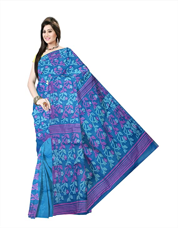 Pradip Fabrics Ethnic Women's Cotton Tant jamdani Sky Blue Color Saree