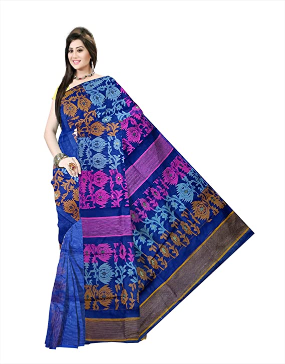 Pradip Fabrics Ethnic Women's Cotton Tant jamdani Dark Blue Color Saree