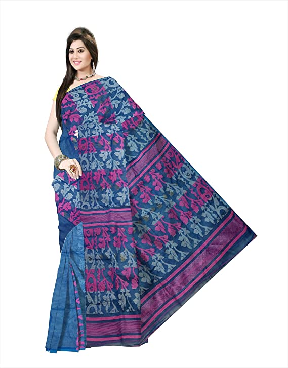 Pradip Fabrics Ethnic Women's Tant jamdani Blue Color Saree