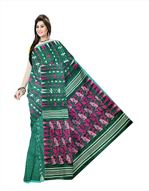 Pradip Fabrics Ethnic Women's Cotton Tant jamdani Green Color Saree