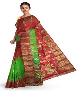Pradip Fabrics Ethnic Women's Tant Silk Red and Green Color Baluchuri Saree