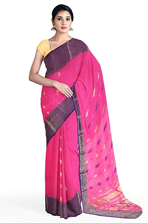 Pradip Fabrics Woven Tant Cotton Pink Saree