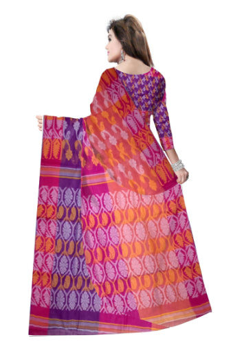 Pradip Fabrics Woven Tant Cotton All Over Dhakai Jamdani Pink Blue , Yellow Tri Color Saree