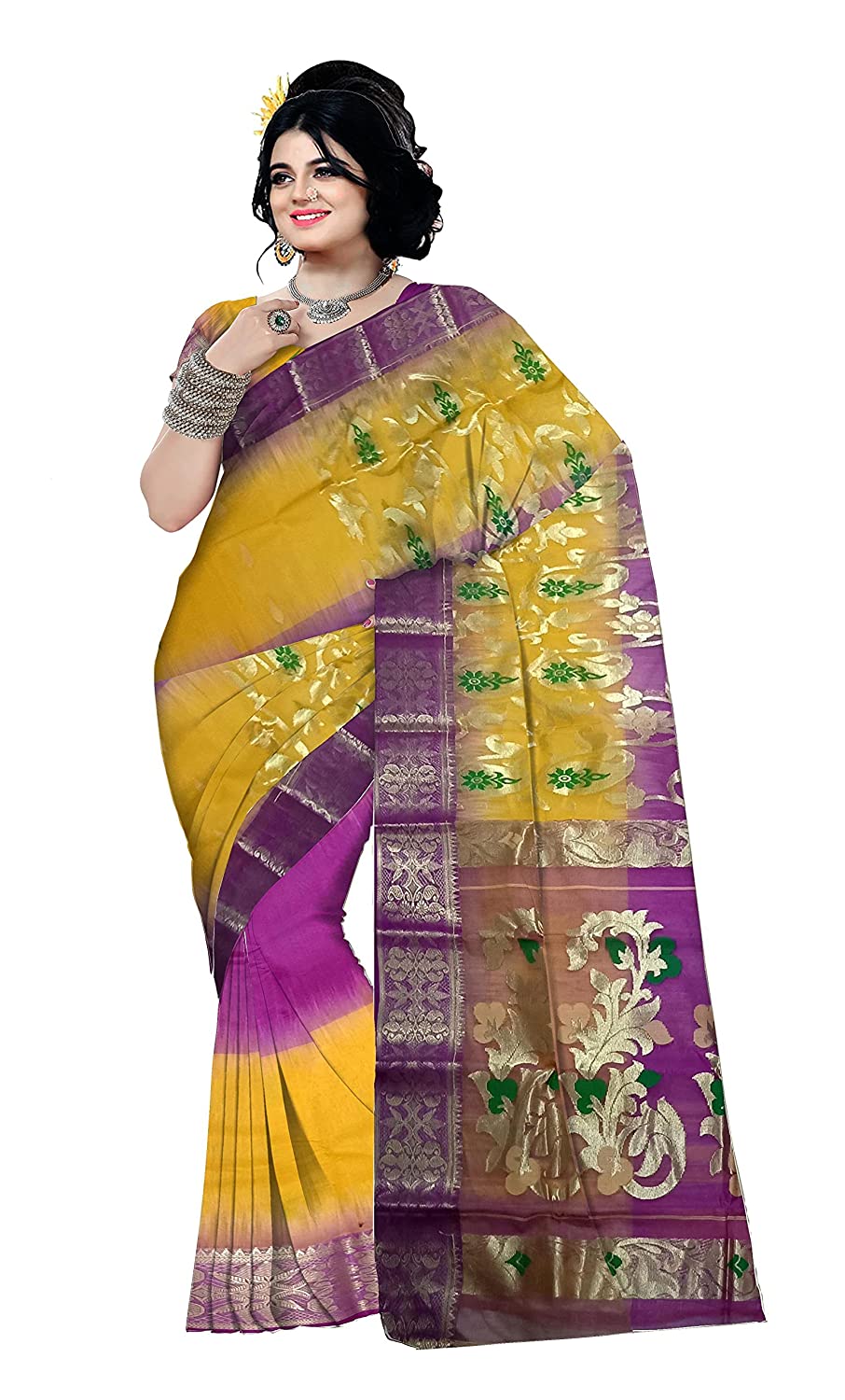 Pradip Fabrics Ethnic Womans Bengali Tant Silk Purple and Yellow Color Sare