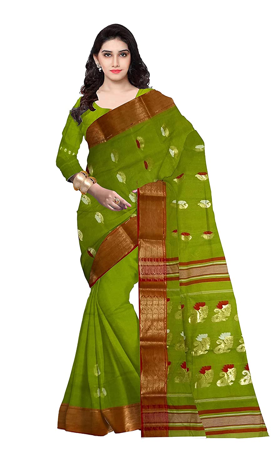 Pradip Fabrics Woven Tant Silk Green color Blend Saree