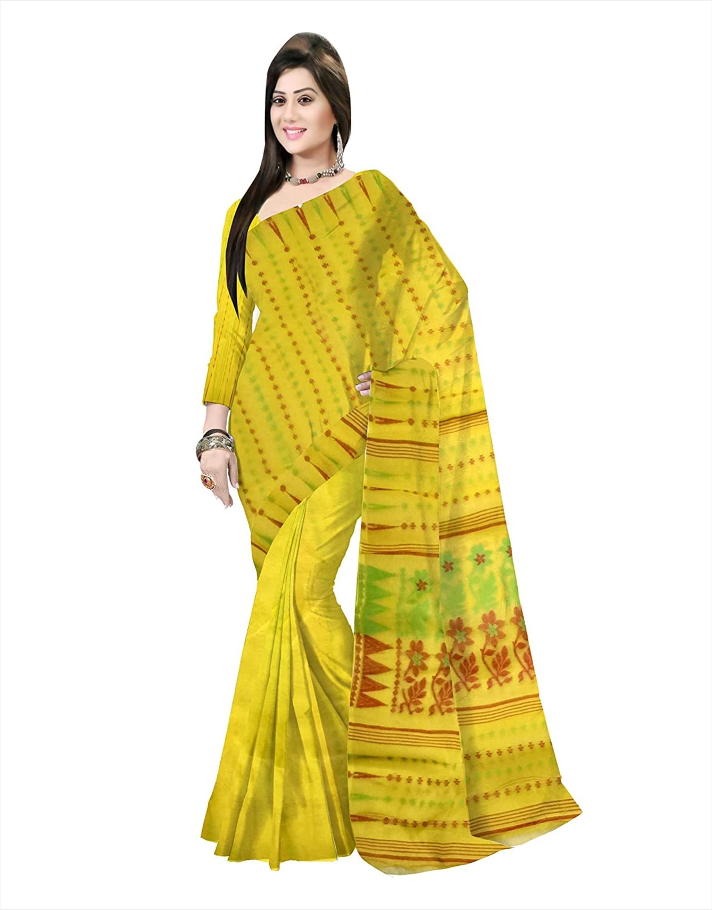 Pradip Fabrics Ethnic Women's Tant Yellow Color Jamdani Saree