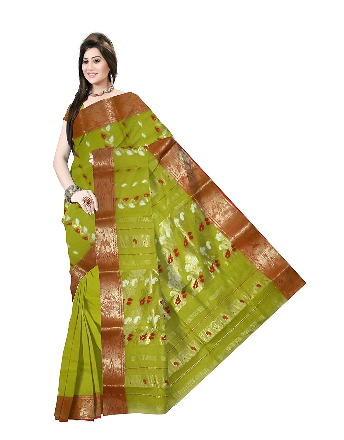 Pradip Fabrics Ethnic Women's Tant Cotton Olive Blue Color Saree