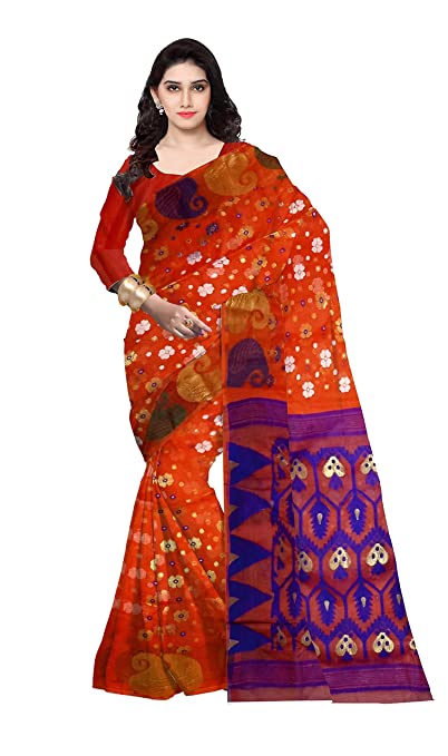 Pradip Fabrics Woven Tant Silk Gap Dhakai Jamdani Orange Saree