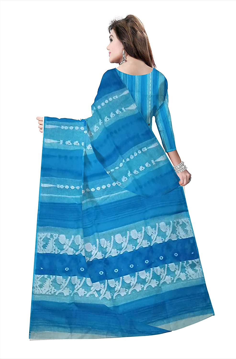 Pradip Fabrics Ethnic Women's Cotton Tant Gap Jamdani Sky Blue Color Saree