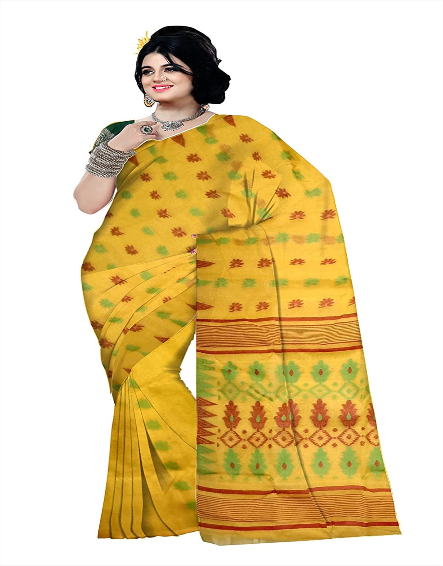 Pradip Fabrics Ethnic Women's Tant jamdani Mustard Color Floral Design Saree