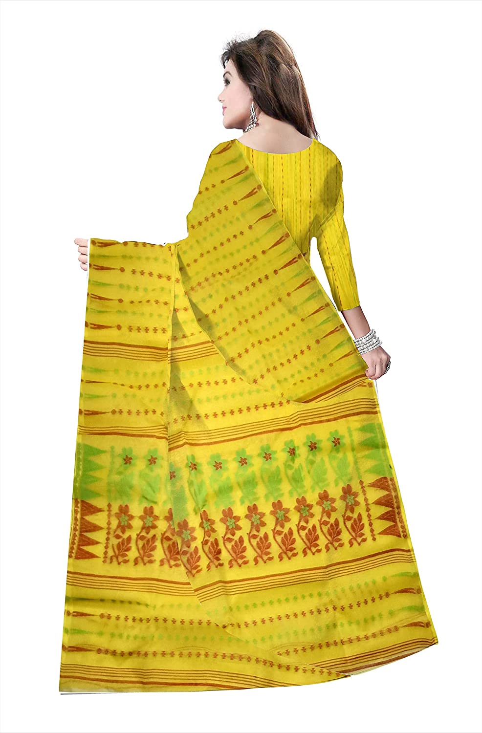 Pradip Fabrics Ethnic Women's Tant Yellow Color Jamdani Saree