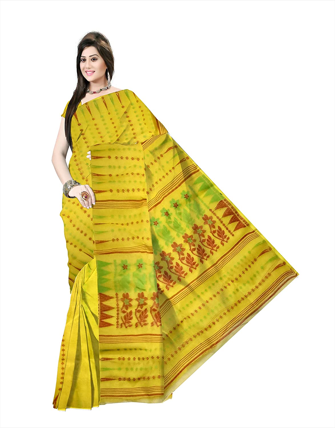 Pradip Fabrics Ethnic Women's Tant Yellow Color Jamdani Saree