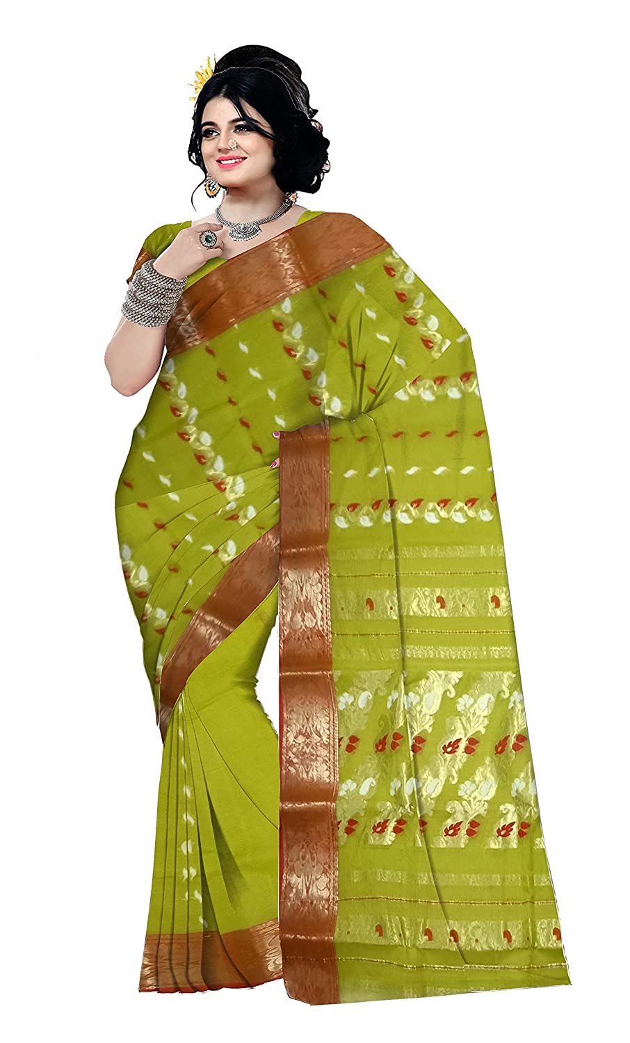 Pradip Fabrics Ethnic Women's Tant Cotton Olive Blue Color Saree