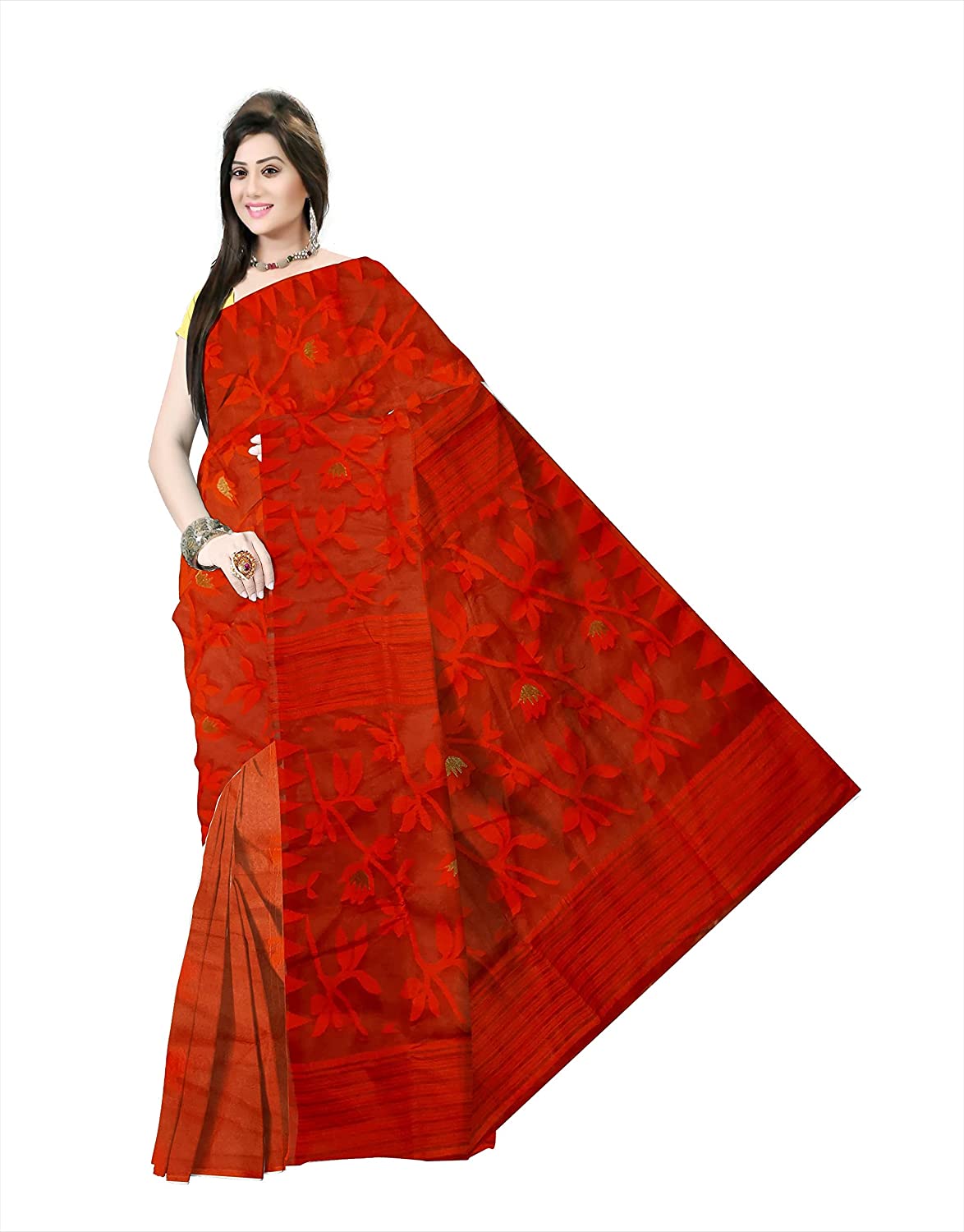 Pradip Fabrics Ethnic Women's Tant jamdani Red Color Saree