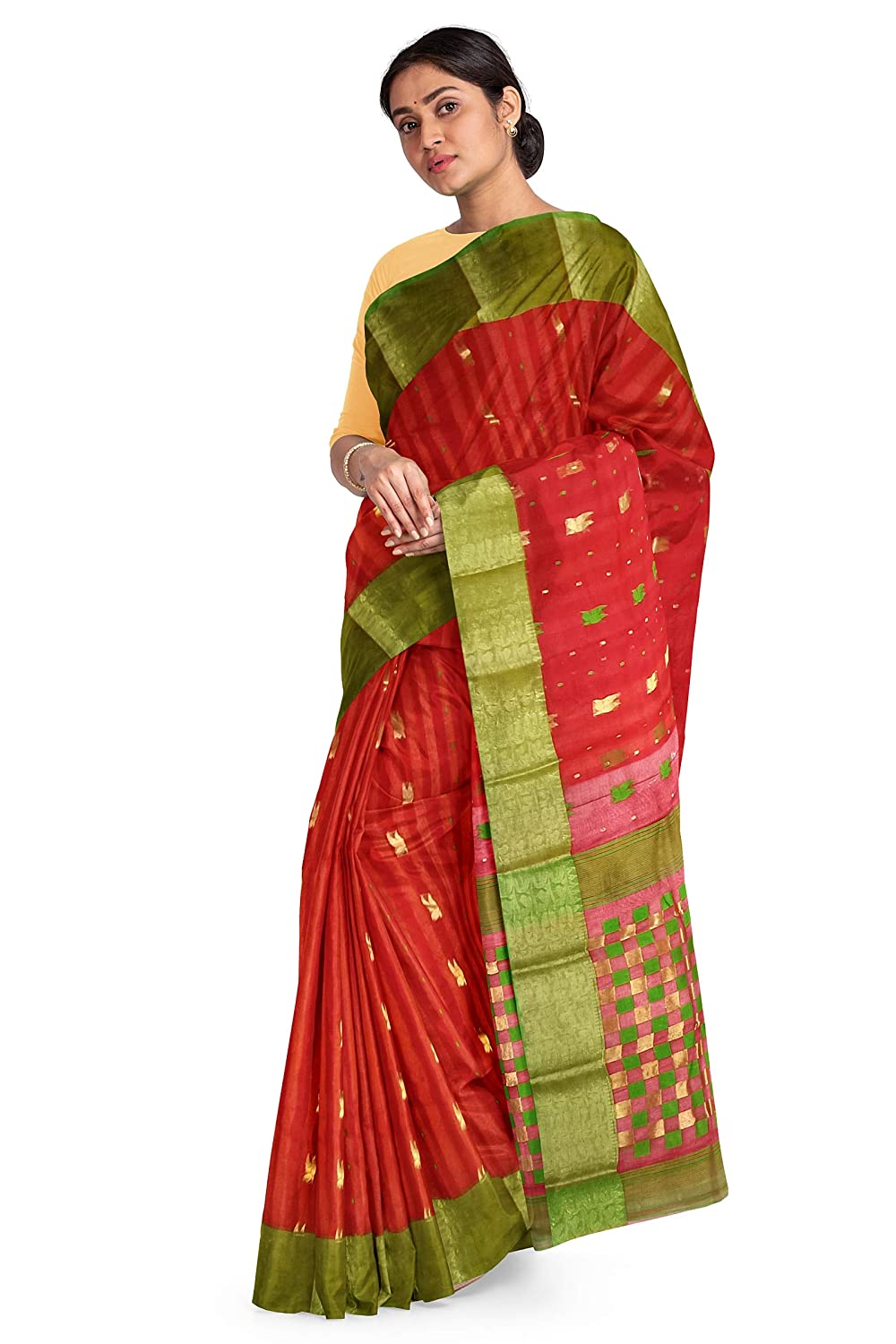Pradip Fabrics Ethnic Women's Tant Silk Red Color Saree