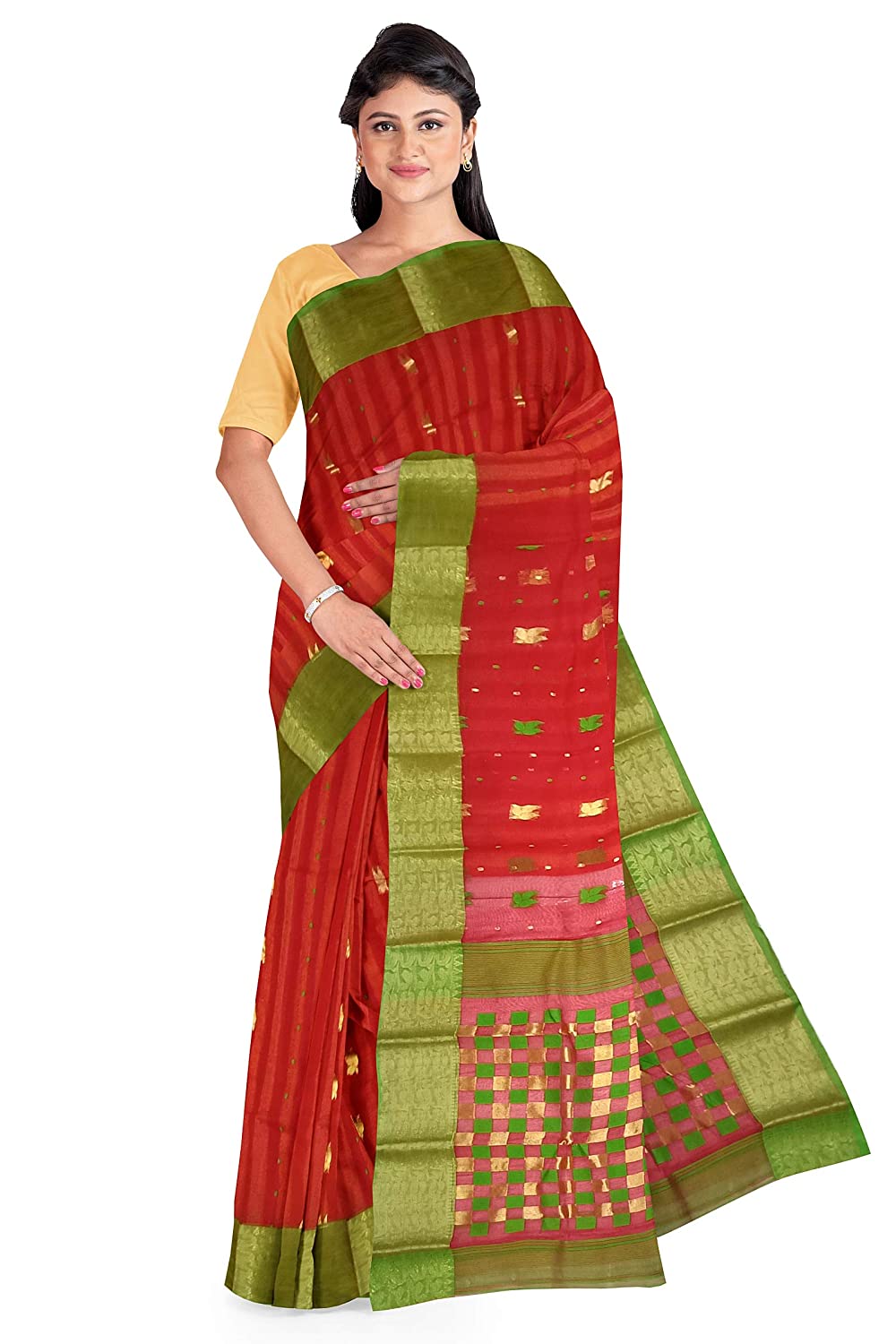 Pradip Fabrics Ethnic Women's Tant Silk Red Color Saree