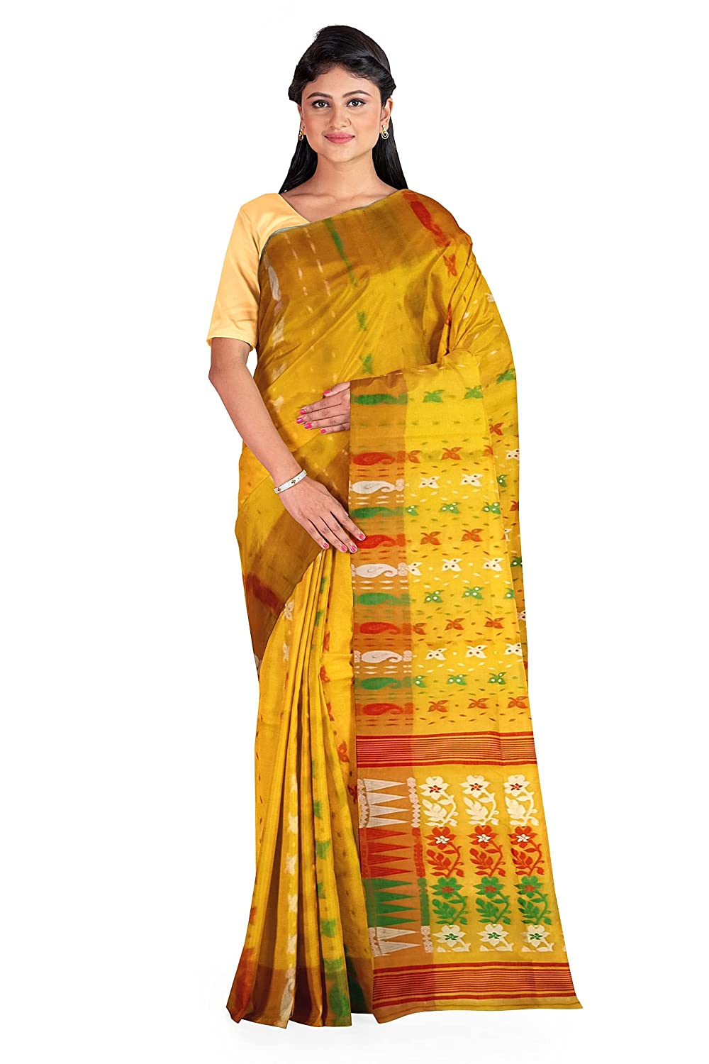 Pradip Fabrics Ethnic Women's Tant Jamdani Yellow Color Saree