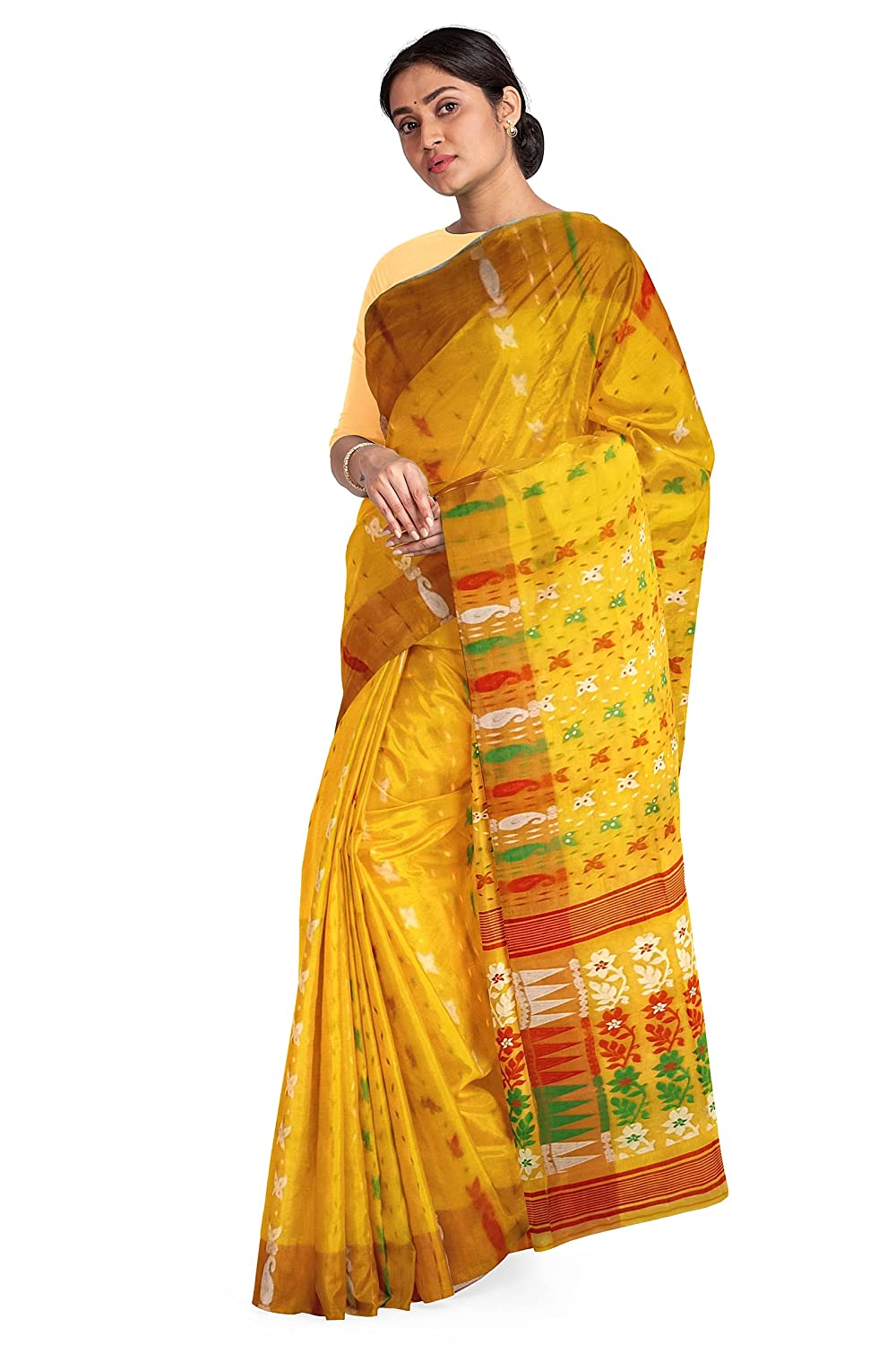 Pradip Fabrics Ethnic Women's Tant Jamdani Yellow Color Saree
