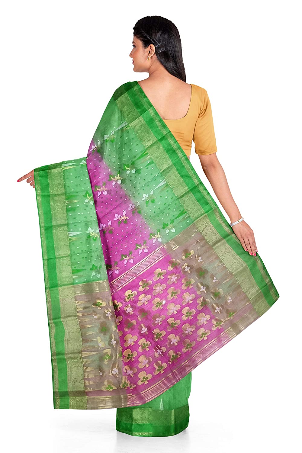 Pradip Fabrics Ethnic Women's Tant Silk Green, Pink Color Saree