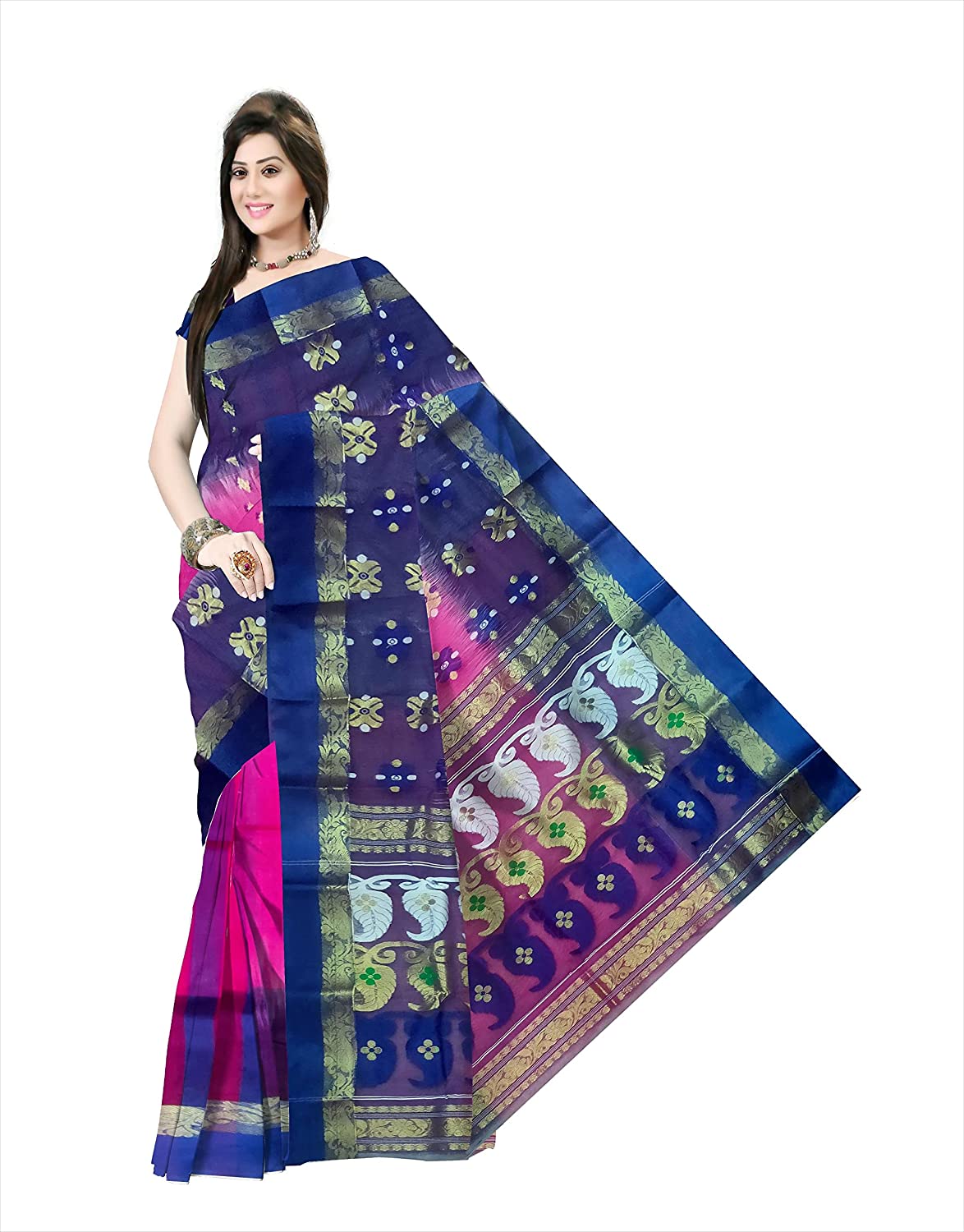 Pradip Fabrics Ethnic Women's Tant Silk Blue and Pink Color Saree