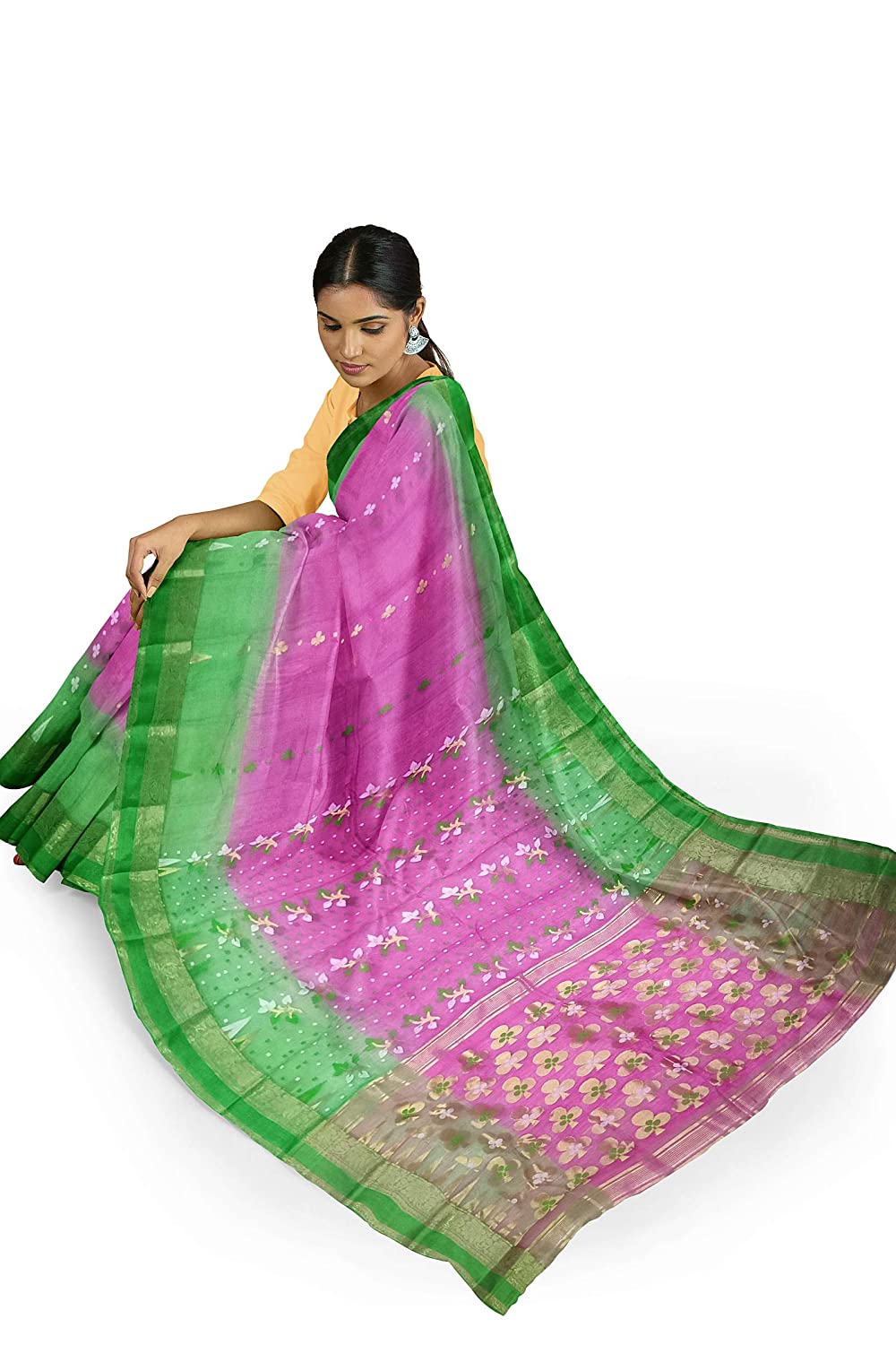 Pradip Fabrics Ethnic Women's Tant Silk Green, Pink Color Saree