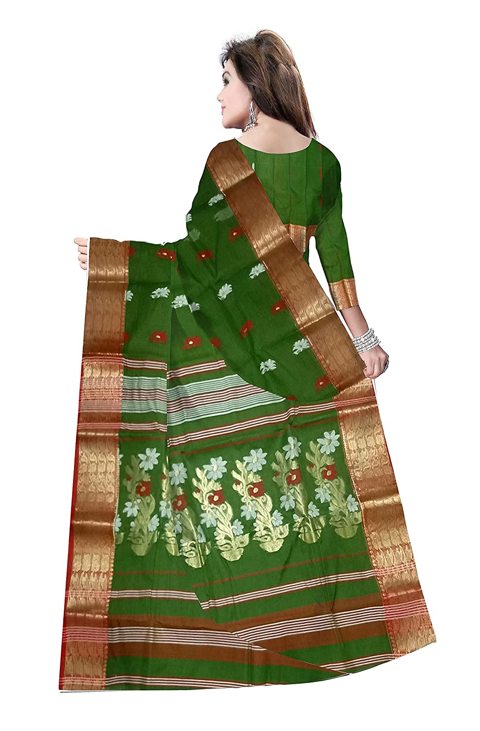 Pradip Fabrics Ethnic Women's Tant Cotton Dark Green Color Saree