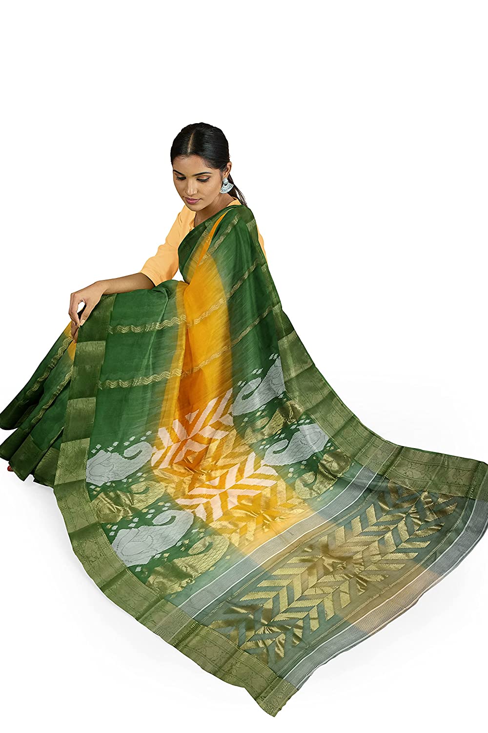 Pradip Fabrics Yellow and Green Tant Silk Blend Saree