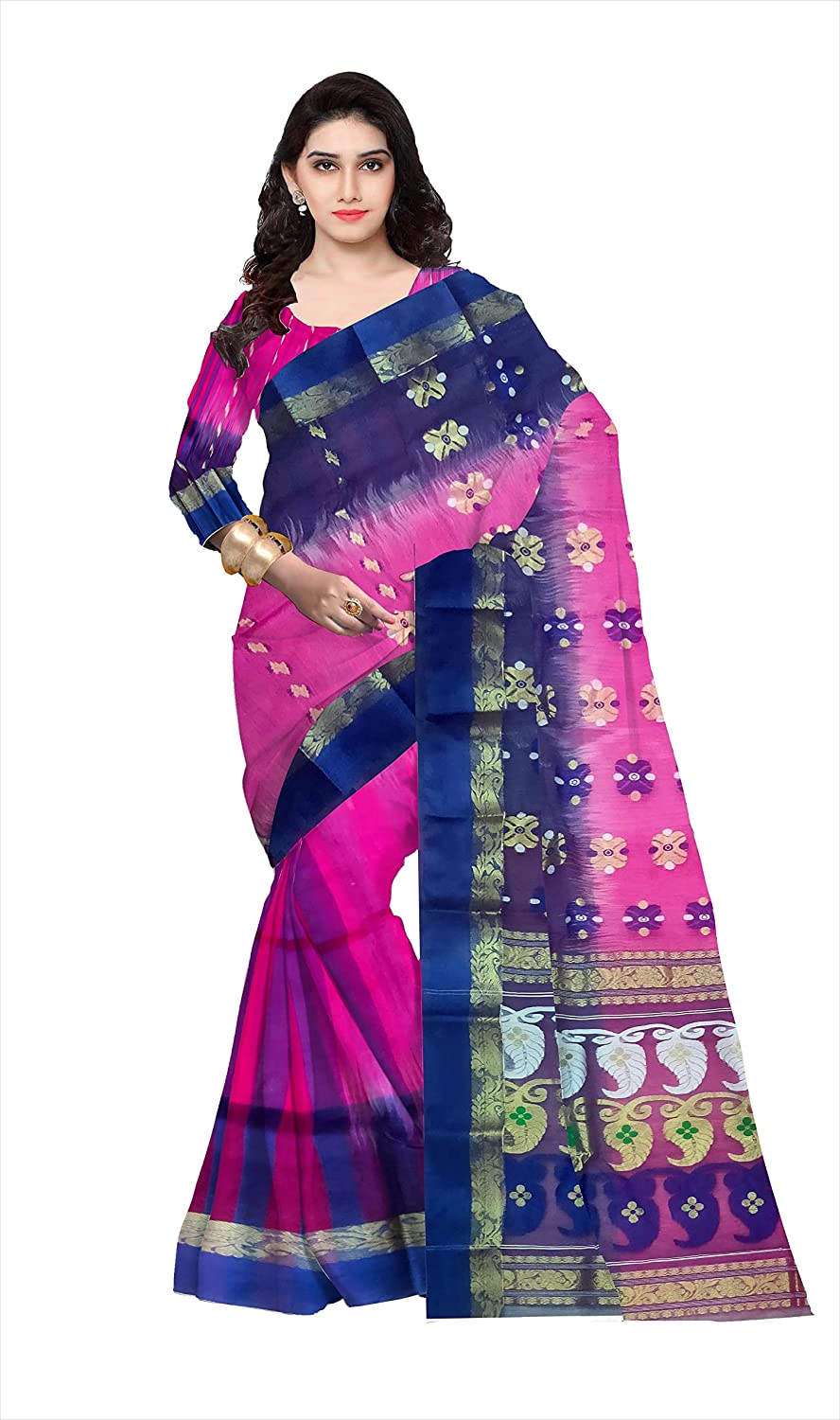 Pradip Fabrics Ethnic Women's Tant Silk Blue and Pink Color Saree