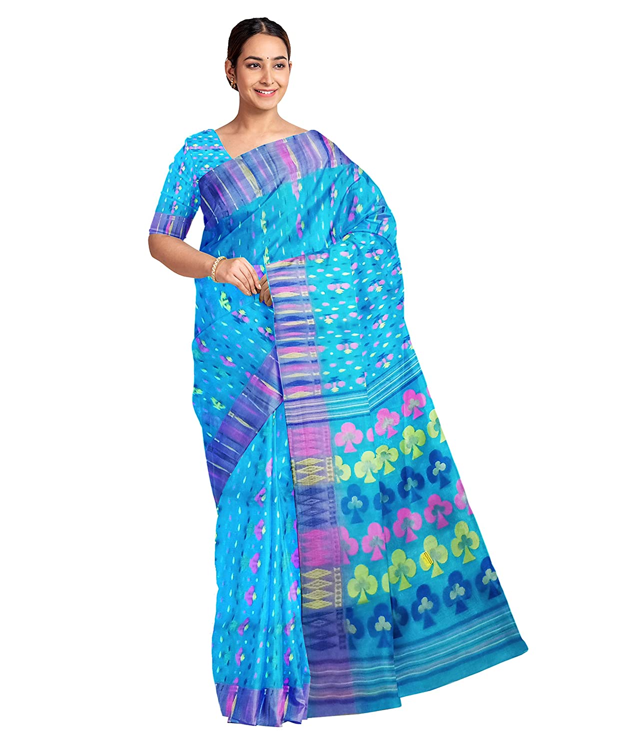 Pradip Fabrics Ethnic Women's Tant Jamdani Blue Color Saree