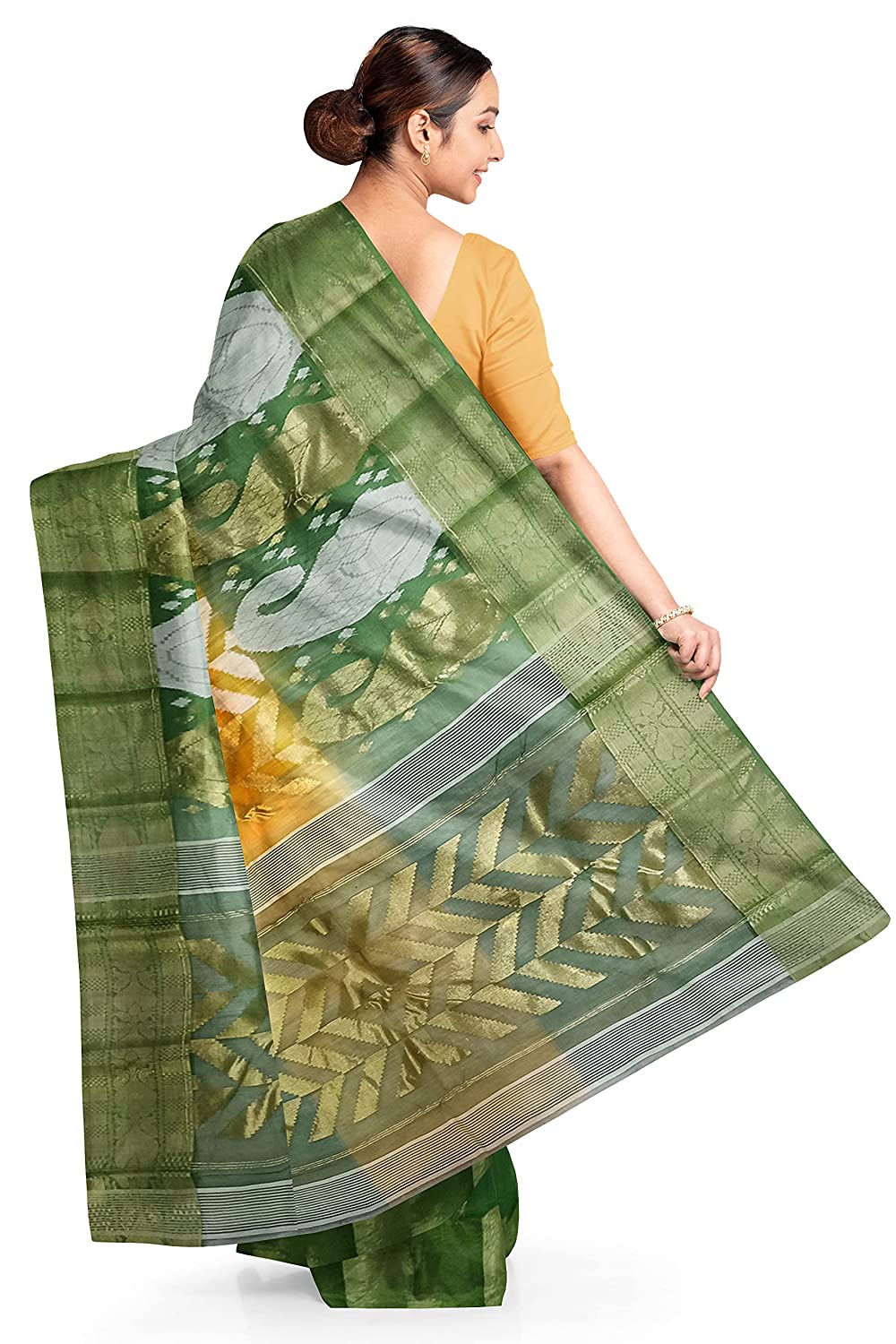 Pradip Fabrics Yellow and Green Tant Silk Blend Saree