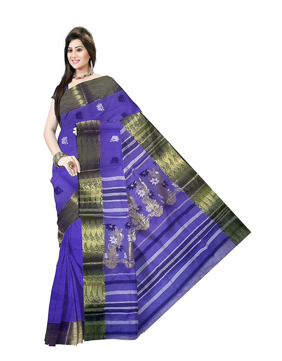 Pradip Fabrics Ethnic Women's Tant Cotton Silk Blue Color Saree